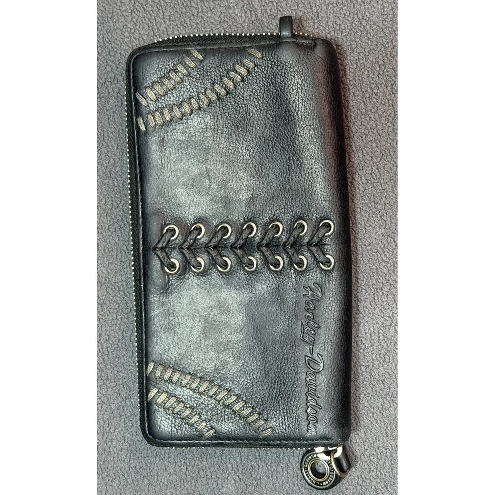 VTG Harley-Davidson Zip Around Wristlet Wallet Logo Biker Motorcycle Black Laces